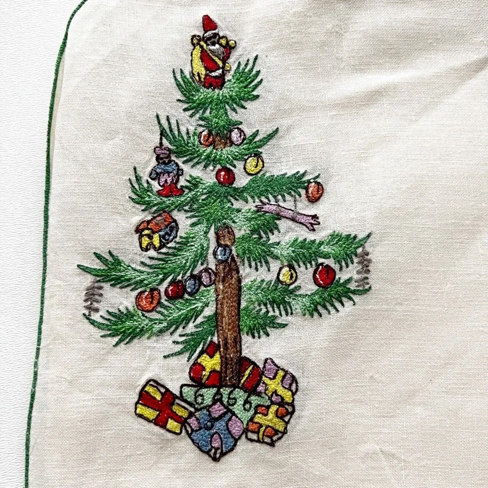 Vtg JABARA 8 pc Linen Placemat Napkin Set Embroidered Christmas Tree Presents